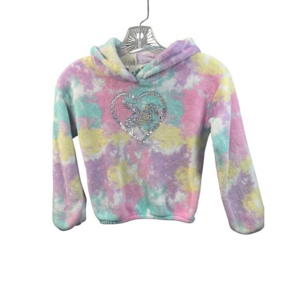Tie Dye Plush Hoodie‎ with Sequin Unicorn Heart Girls